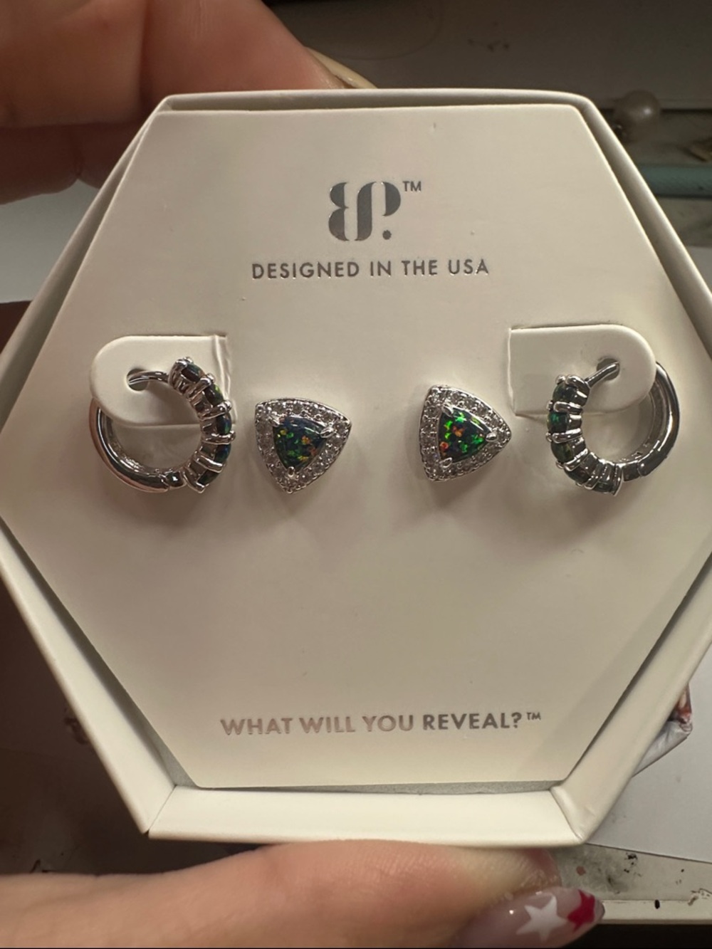 Brand new black fire opal earring set